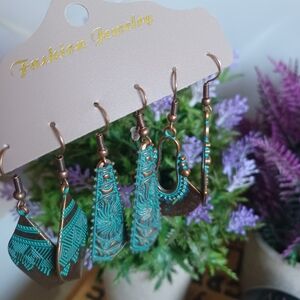 3 Pair Bohemian Bronze Turquoise Earrings